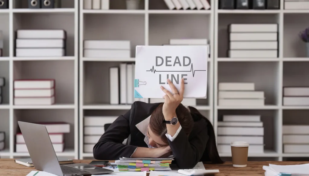 Overwhelmed woman in a suit resting her head on a stack of papers, holding a sign that reads "DEADLINE," with a laptop and coffee cup nearby — representing businesses missing accessibility and struggling to meet important requirements.