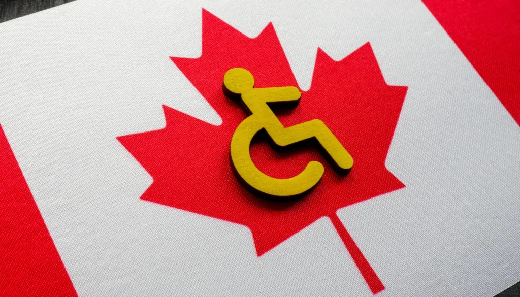 Yellow wheelchair symbol on a Canadian flag background, highlighting accessibility and inclusivity in Canada, representing Accessibility Acts in Canada.