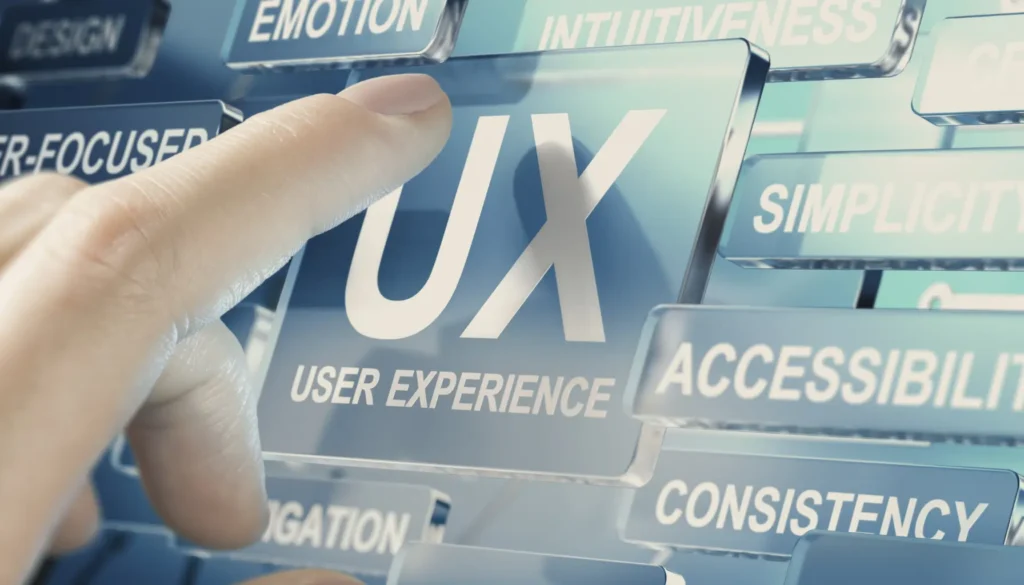 A hand presses a translucent button labeled 'UX User Experience,' surrounded by keywords like 'simplicity,' 'emotion,' and 'accessibility.' This is the new standard for UX and web accessibility, highlighting the importance of user-centered design and inclusivity.