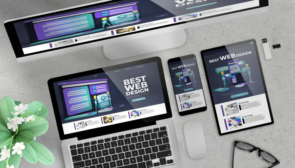 A top view of a desk with multiple devices displaying a "Best Web Design" website, alongside a plant and office supplies — illustrating how WCAG 2.1 evolved for the better.