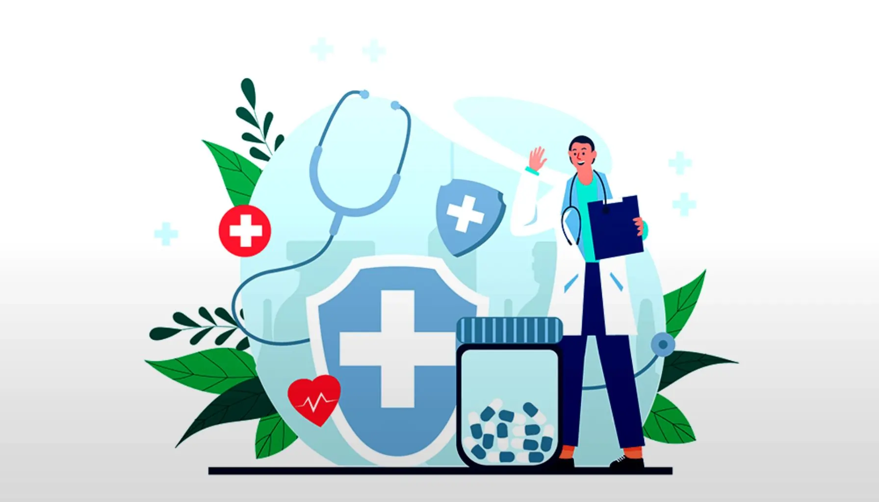 A healthcare professional stands beside a stethoscope, a shield with a cross, a pill bottle, and green leaves, symbolizing health and care — representing the importance of AODA guidelines for healthcare providers.