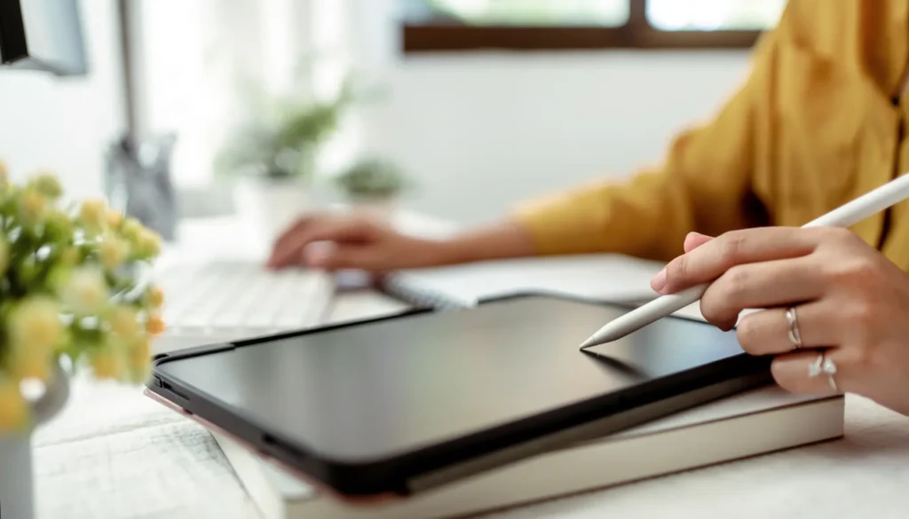 A person uses a stylus on a tablet while sitting at a desk with a keyboard, notebook, and a small potted plant in the foreground, working to get web accessibility certification.