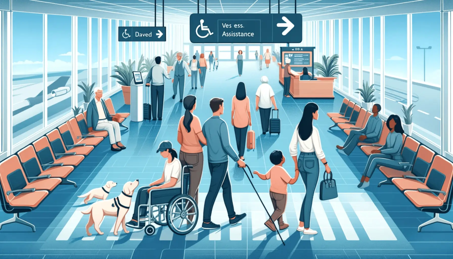 A busy airport terminal with passengers, a wheelchair user, assistance signs, and a family walking with luggage and guide dogs — making every journey accessible for all travelers.