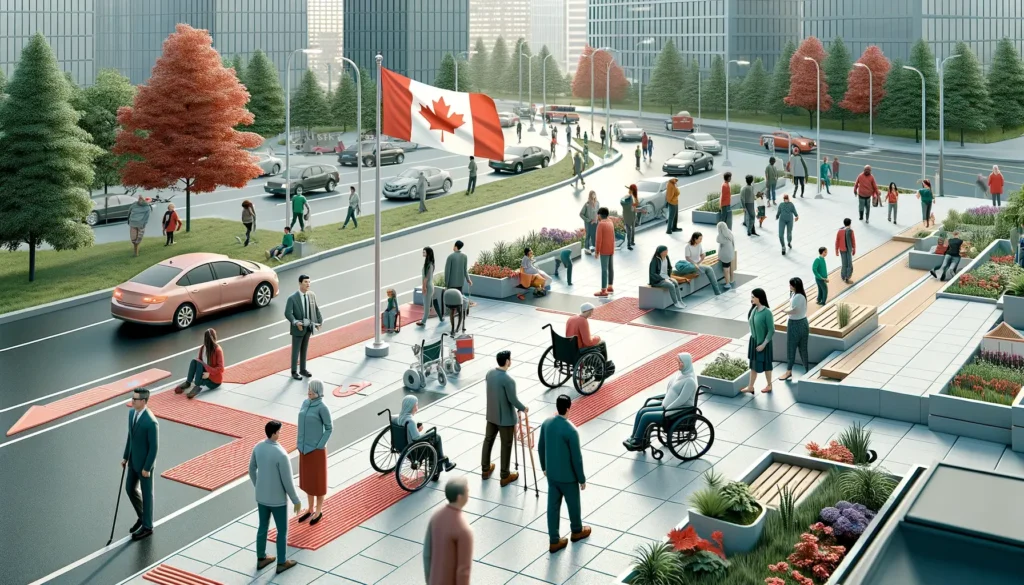 A vibrant city plaza showcasing the spirit of the Accessible Canada Act, with diverse people, including wheelchair users, engaging in various activities, surrounded by lush greenery and modern urban architecture.
