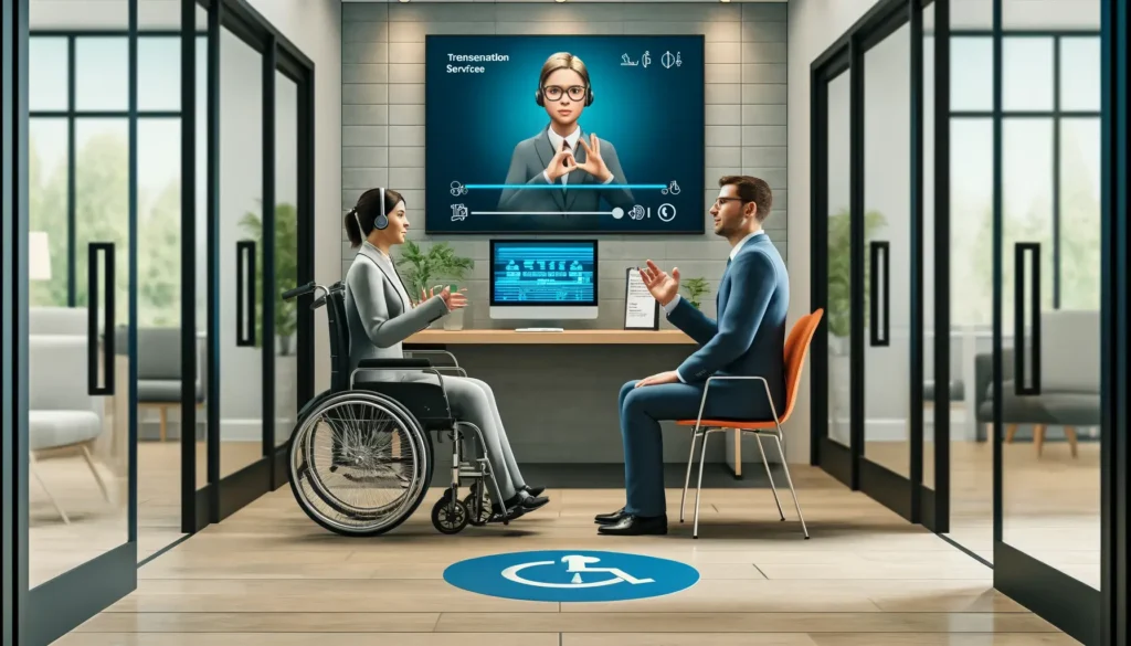 A woman in a wheelchair and a man in a suit are engaged in a conversation, with a screen displaying a translation service in the background, highlighting the importance of accessibility in hiring and recruitment.
