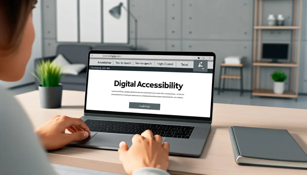 A person using a laptop displaying a 'Digital Accessibility' webpage, with a modern workspace featuring a plant and notebook in the background, navigating AODA compliance.