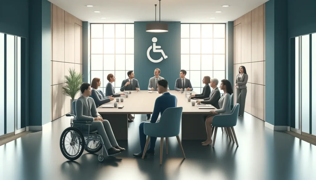 A diverse group of professionals, including members of the Accessibility Advisory Committee, is seated around a large table in a modern conference room, with a wheelchair symbol on the wall.