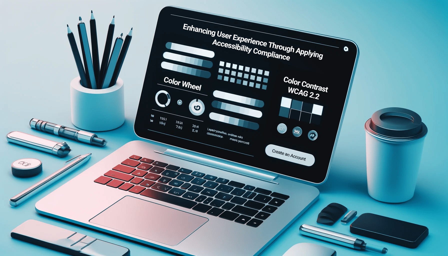 A laptop displays a dark interface with user experience tools, surrounded by pens, pencils, and a coffee cup on a blue desk, representing case studies of successful AODA compliance projects.