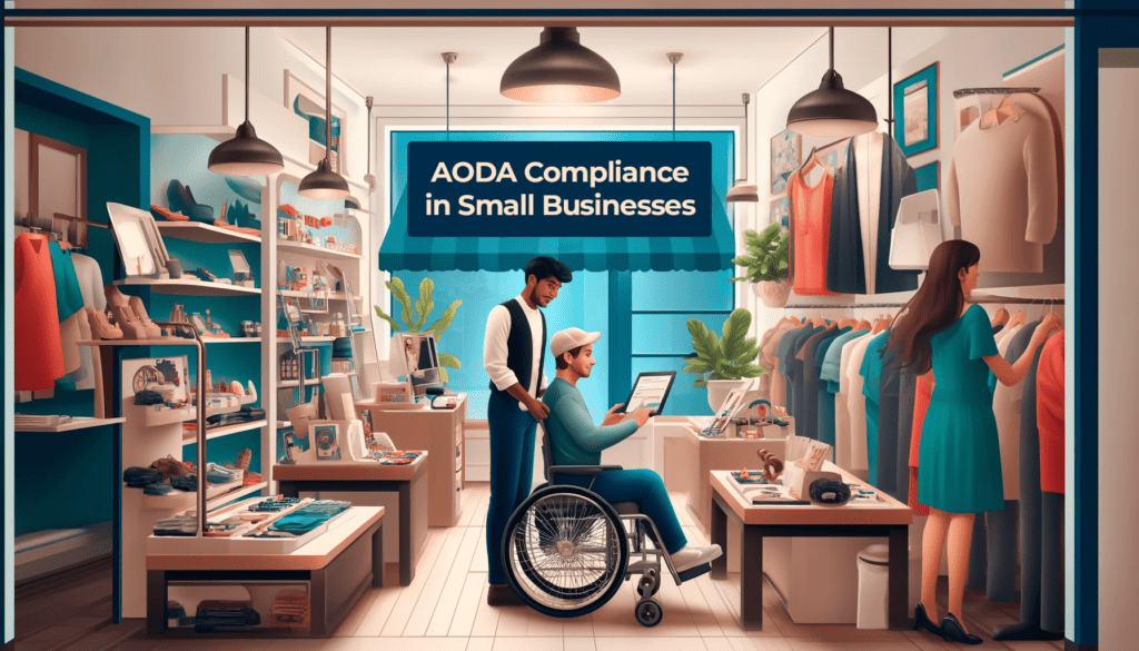 A stylish small business interior featuring clothing racks, accessories, and a sign promoting AODA compliance in small businesses, highlighting accessibility and inclusivity.