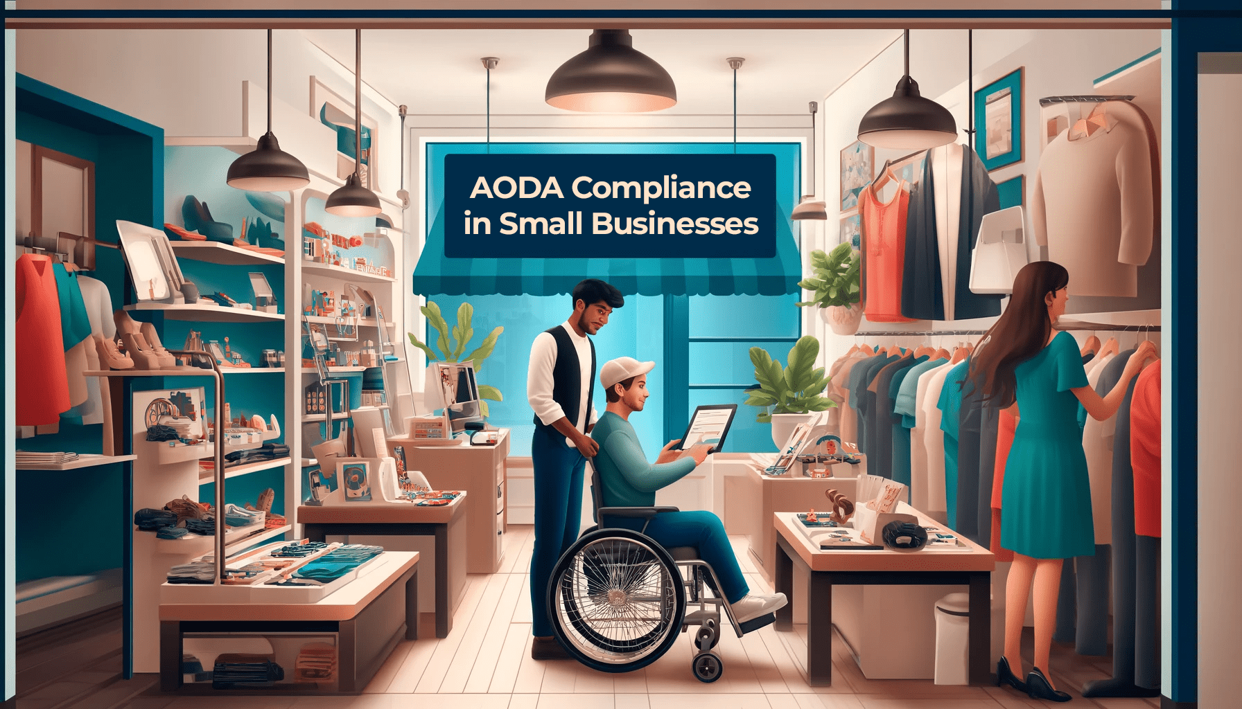 A stylish small business interior featuring clothing racks, accessories, and a sign promoting AODA compliance in small businesses, highlighting accessibility and inclusivity.