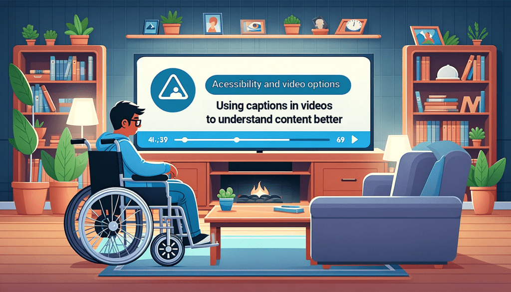 A person in a wheelchair sits in front of a TV displaying a video about using captions to enhance understanding of content, highlighting the importance of AODA Creating Accessible Transcripts and Captions for Videos.