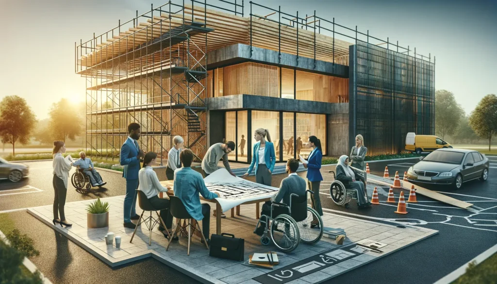 A diverse group of people collaborates on a building project outside a partially constructed structure, with trees and vehicles in the background, showcasing innovative design solutions for AODA compliance.