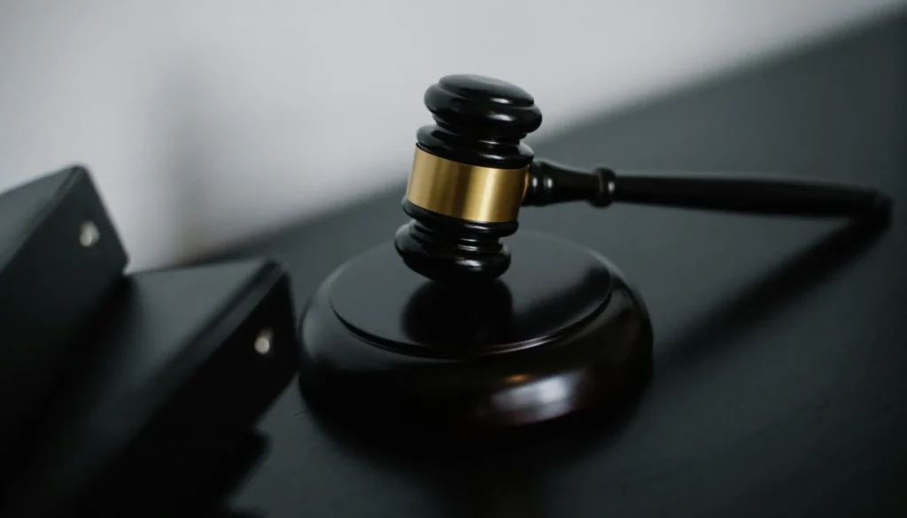 A close-up of a wooden gavel with a gold band, resting on a dark surface beside black binders, symbolizing justice and law, representing legal obligations and penalties for non-compliance with AODA.