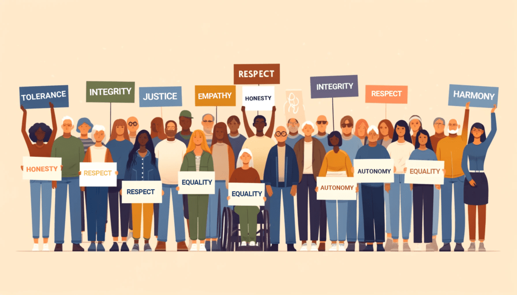 A diverse group of people holds signs advocating for values such as equality, respect, justice, and integrity, promoting unity and harmony, highlighting the dangers of euphemisms in disability language and the importance of authentic representation.