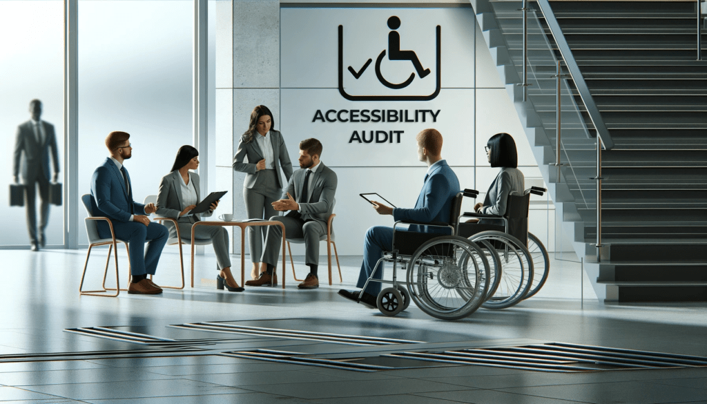 A modern office setting features a group discussing the essential role of accessibility audits in achieving compliance, highlighting chairs, a wheelchair, and a staircase.