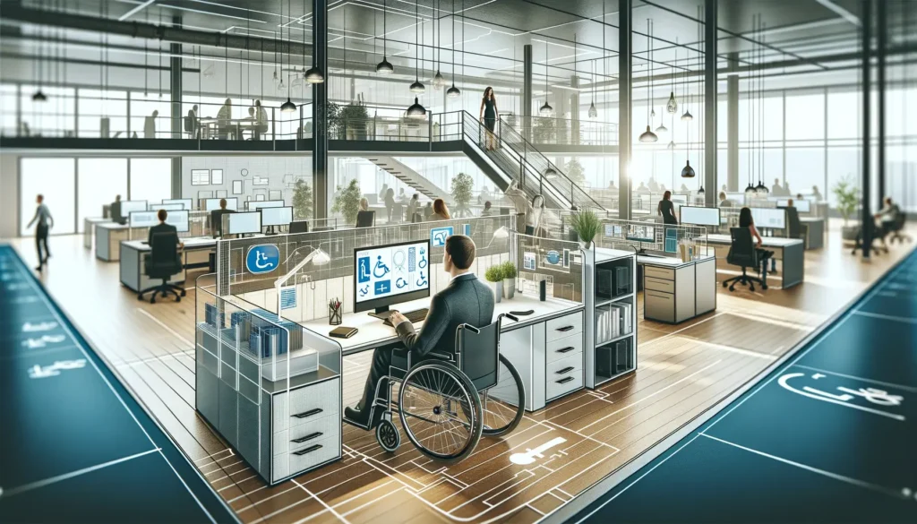 A modern office showcasing work models from an accessibility perspective, featuring a wheelchair user at a desk, surrounded by accessible workspaces and employees collaborating overhead.