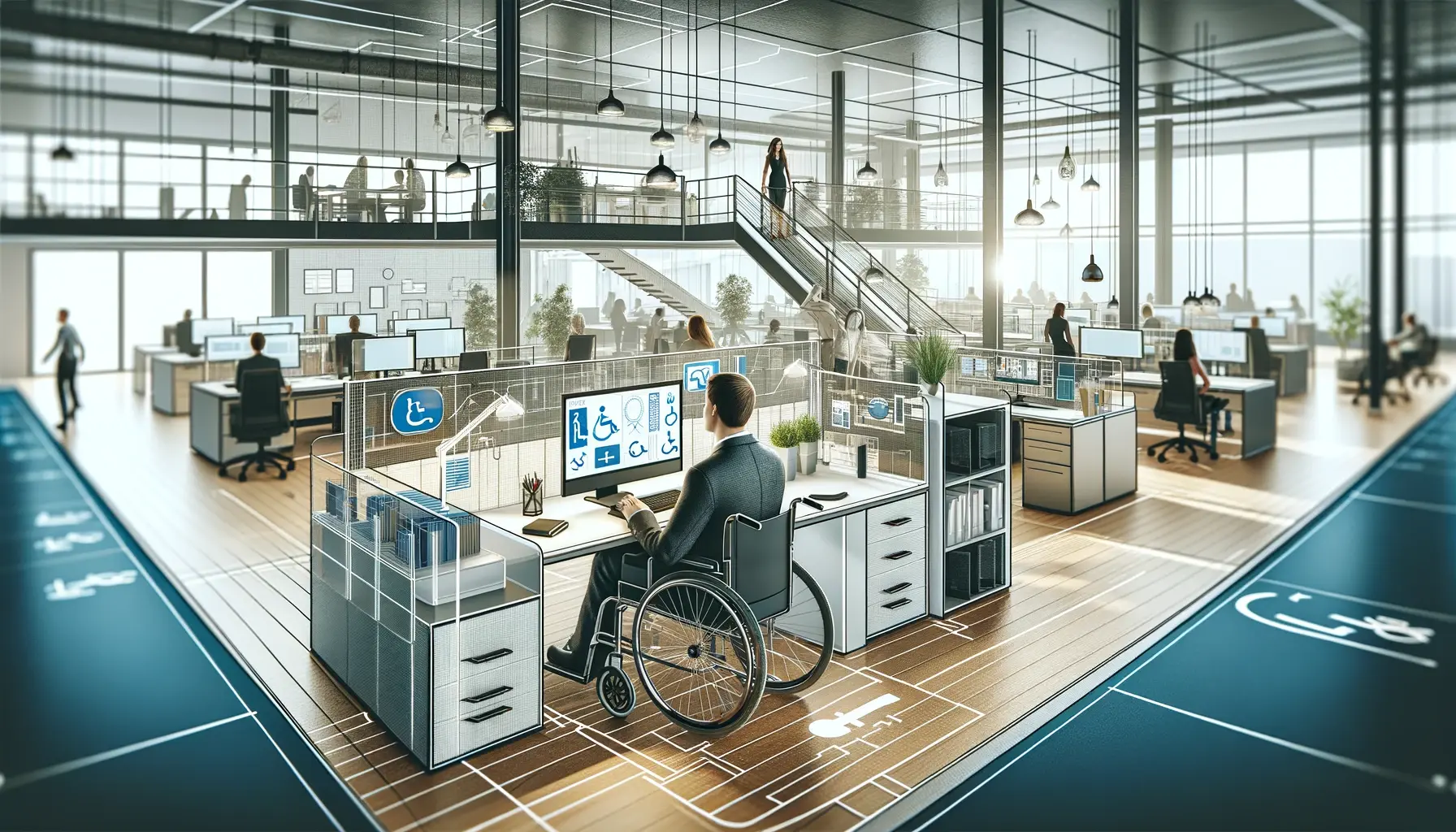 A modern office showcasing work models from an accessibility perspective, featuring a wheelchair user at a desk, surrounded by accessible workspaces and employees collaborating overhead.