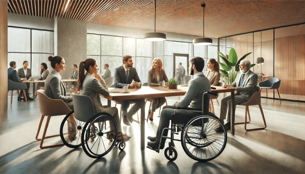 A diverse group of professionals holds a meeting around a large wooden table in a modern conference room with large windows, navigating consultations with people with disabilities.