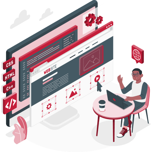 An illustration of a web developer working on a laptop, surrounded by floating web design and coding elements. The scene includes icons representing HTML, CSS, and C++, along with a stylized depiction of a website interface and tools. The developer sits at a desk with a coffee cup, waving, while gears and a globe icon symbolize web development processes.