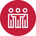 Icon of three figures standing together, symbolizing collaboration and community, set against a red circular background, representing compliance.