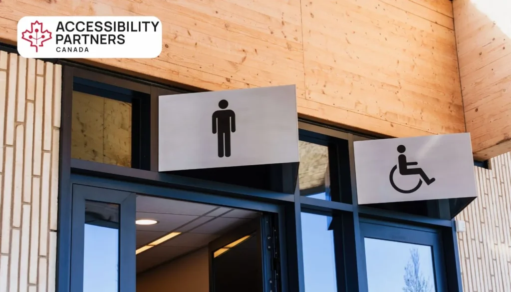 Two restroom signs on a building: one labeled for men and one meeting Accessible Washroom Requirements Ontario, clearly marked for individuals with disabilities.