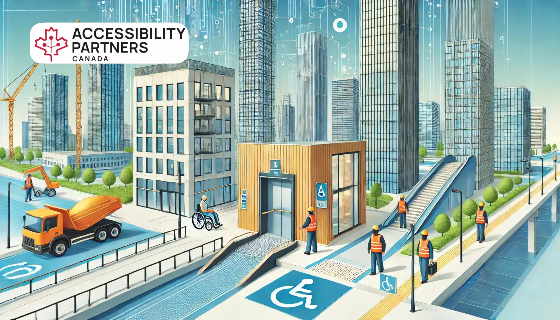 An inclusive urban scene showing construction workers enhancing accessibility with ramps and elevators, featuring a wheelchair user — highlighting the impact of accessibility standards on construction.