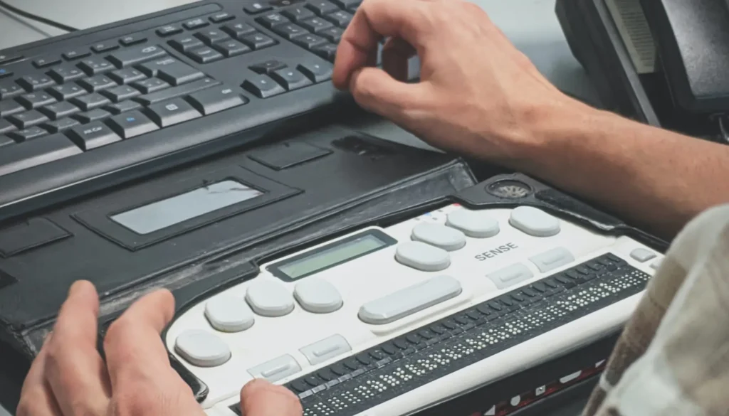 A hand interacts with a braille display connected to a computer keyboard, illustrating assistive technology for the visually impaired — a step-by-step guide to accessibility testing in practice.
