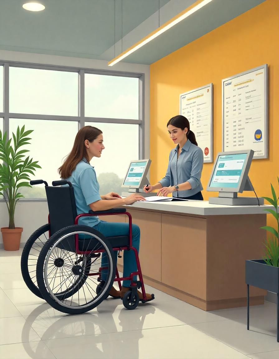 A woman in a wheelchair interacts with a receptionist at the desk, illustrating accessible banking in Canada. Computer monitors and plants set the background, highlighting the bank's commitment to accessibility services for financial customers.
