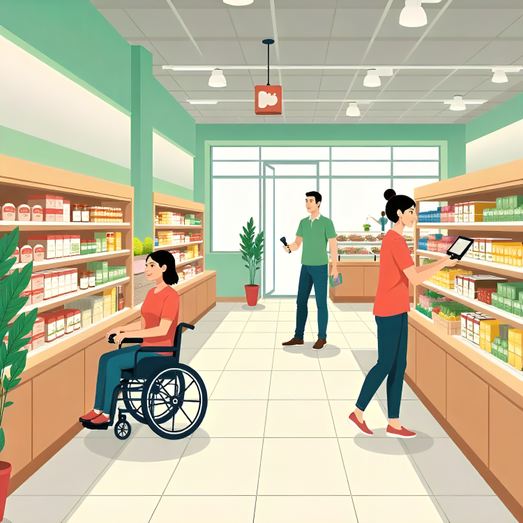 Inside a Manitoba pharmacy, people interact while a wheelchair is visible, highlighting accessibility options available.