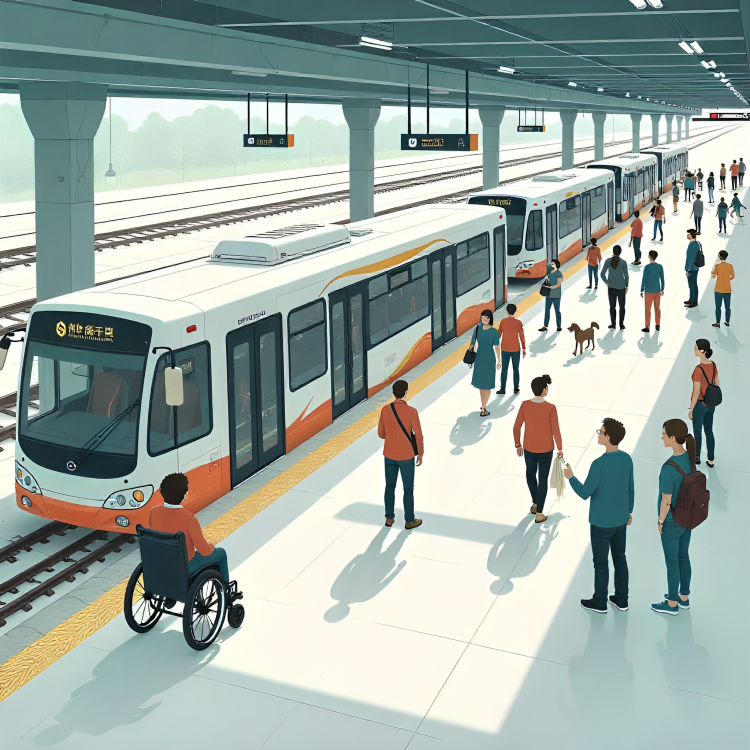 A diverse group of individuals waiting for a train at a New Brunswick station, highlighting accessibility features.