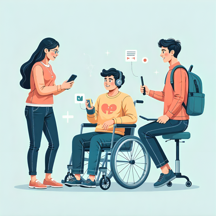 A man in a wheelchair is accompanied by a woman and another man using mobile device, highlighting accessibility in digital and informational standards