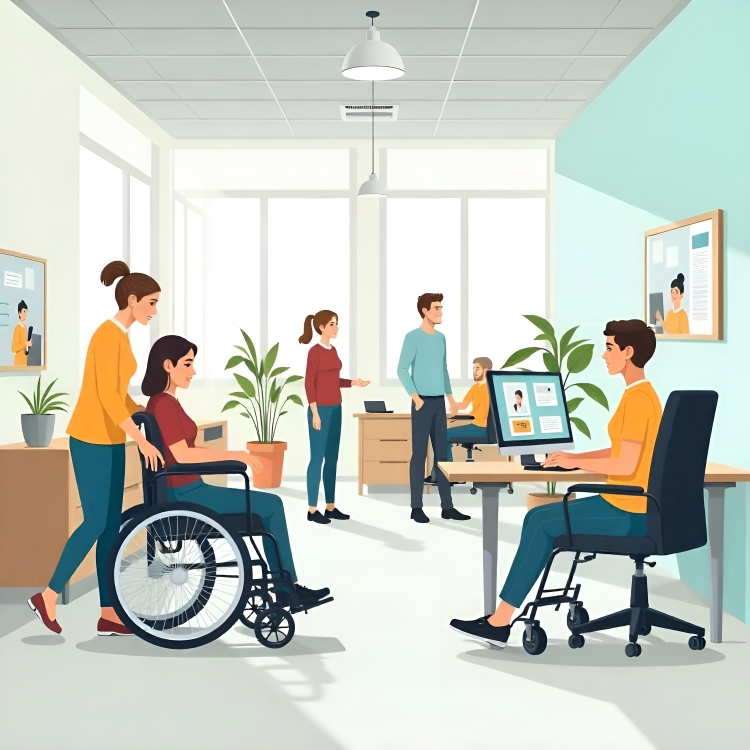 An office scene featuring a man in a wheelchair, highlighting accessibility efforts in Nova Scotia workplaces.