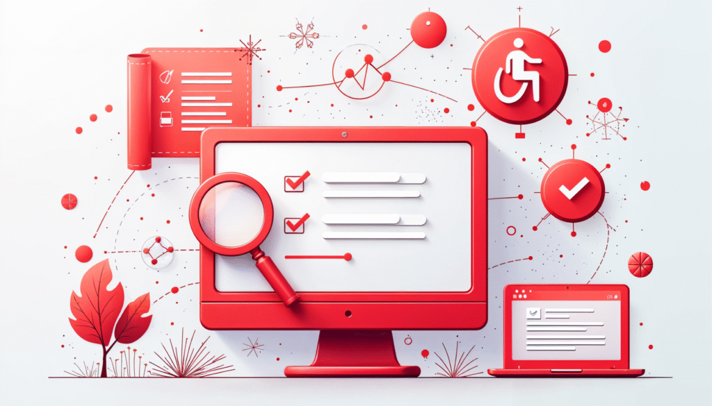 Visual representation of a web accessibility evaluation tool with icons, checklist, and computer screen highlighting accessibility analysis and compliance
