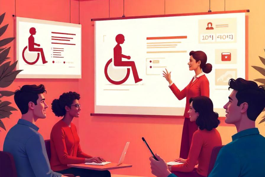 Three professionals in a meeting room participating in accessibility training, with a presenter pointing at a large screen showing a wheelchair accessibility and digital content layouts.