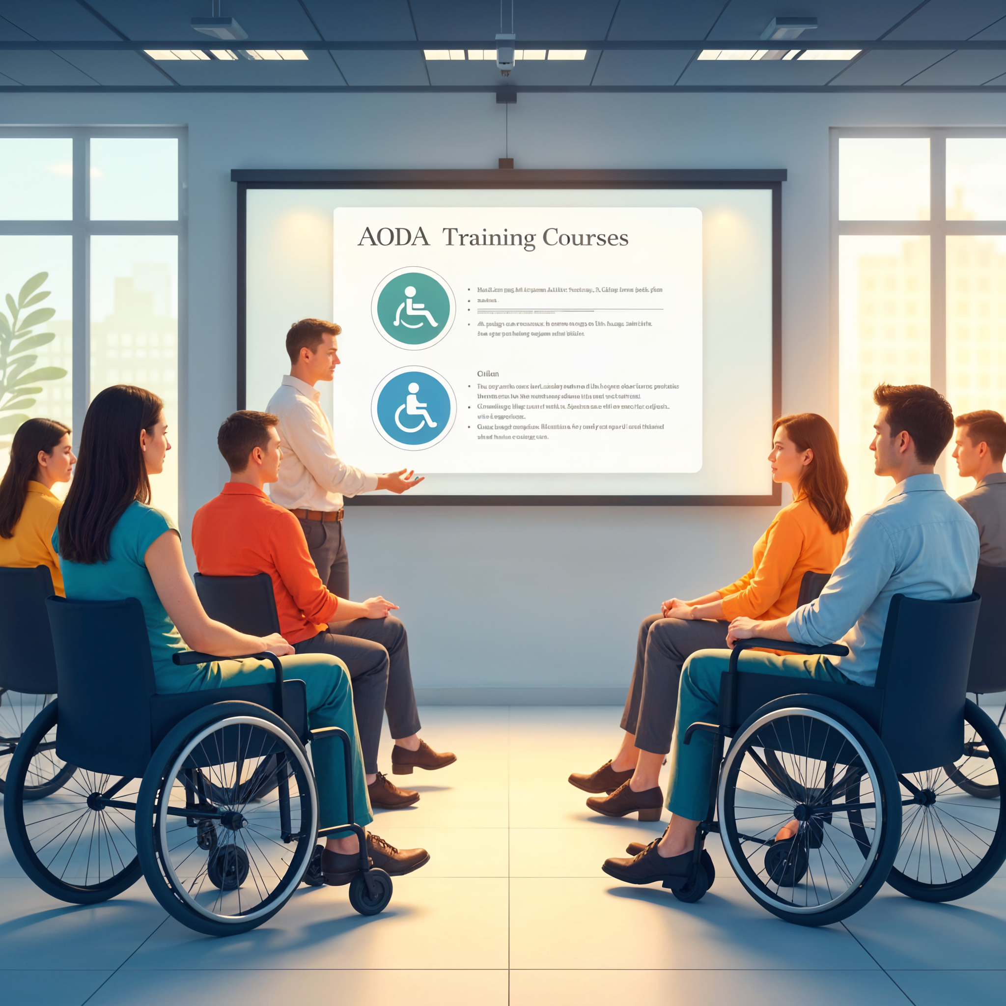 Group of diverse participants, including individuals in wheelchairs, attending an AODA Training session led by a presenter in a modern classroom with accessibility icons on a screen.