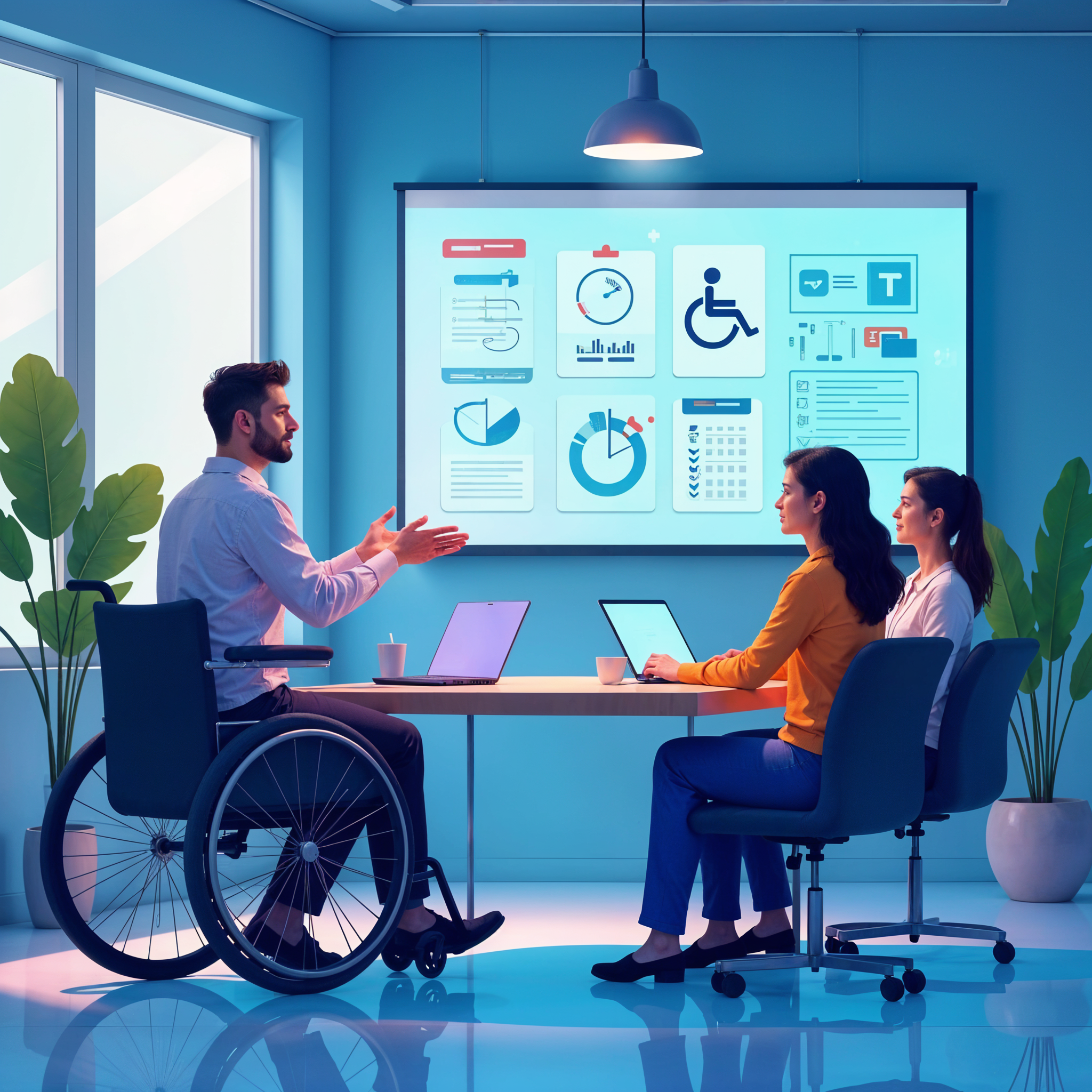 Three professionals—one in a wheelchair—collaborate in a modern meeting room, reviewing charts, accessibility icons, and compliance checklists on a large screen. The scene highlights Accessibility Consultants Ottawa at work, guiding a diverse team in digital accessibility solutions.