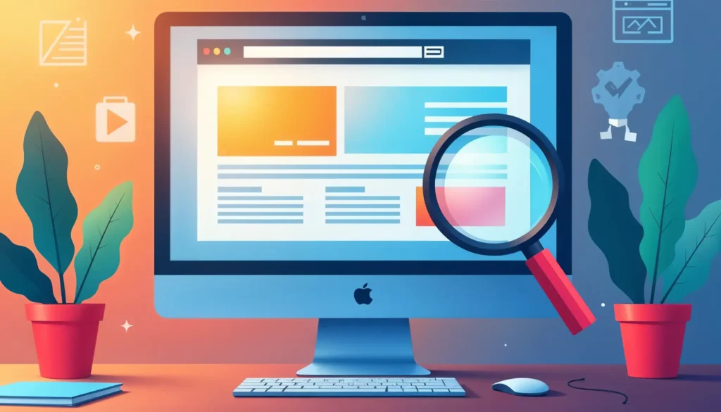 Illustration of a computer screen displaying a website interface under a magnifying glass, symbolizing a Website Accessibility Audit with icons representing digital content, settings, and usability enhancements.