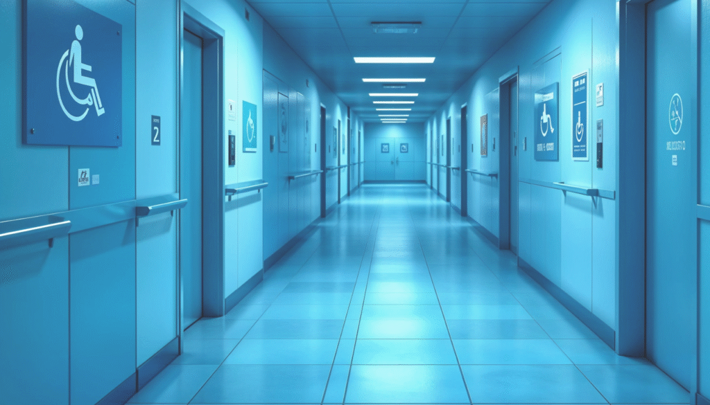 Building hallway demonstrating how to make buildings more accessible, with wide corridors, wheelchair signage, handrails, and accessible elevator entrances.