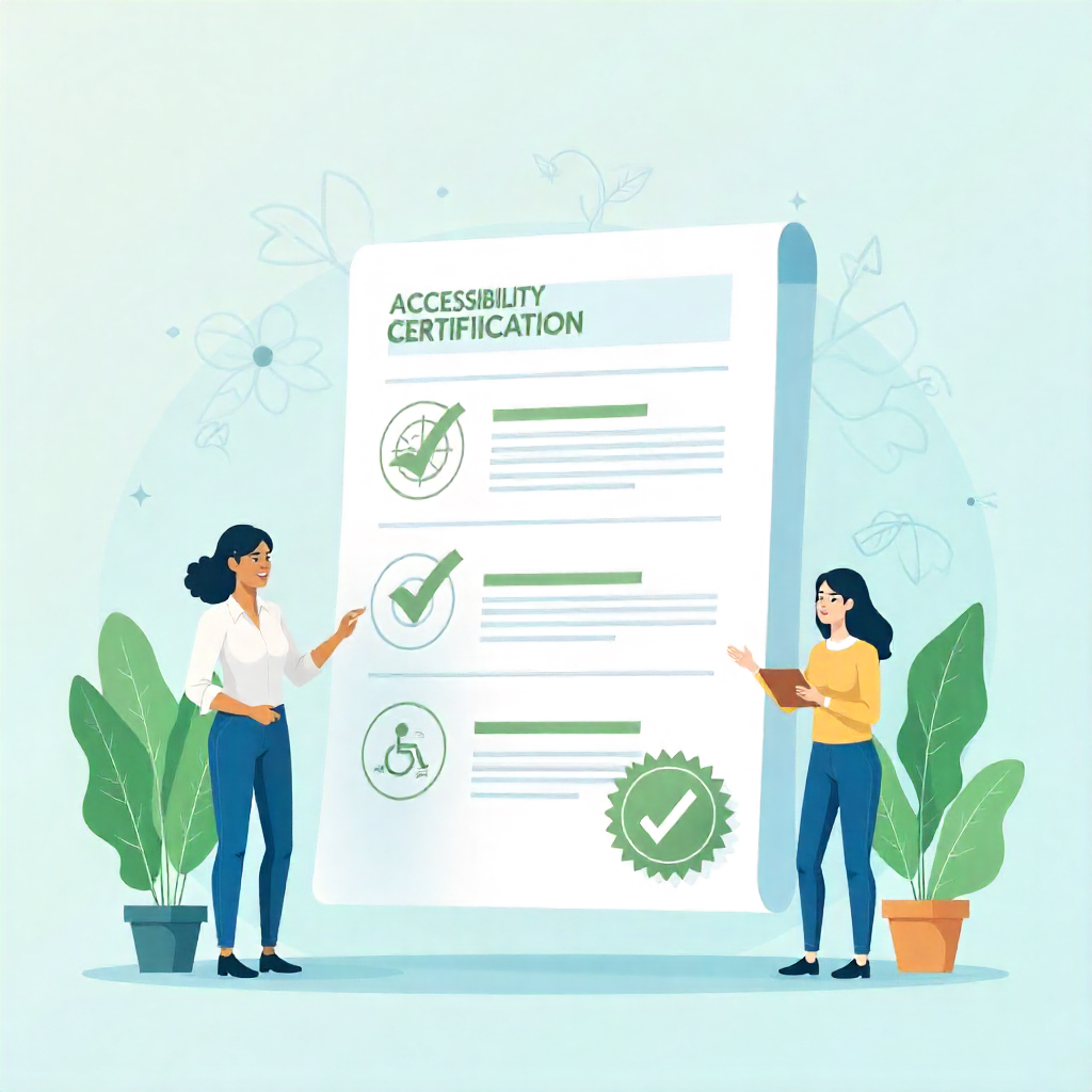 Accessibility Certification Services illustrated with two women reviewing a certified document featuring accessibility icons and checkmarks.