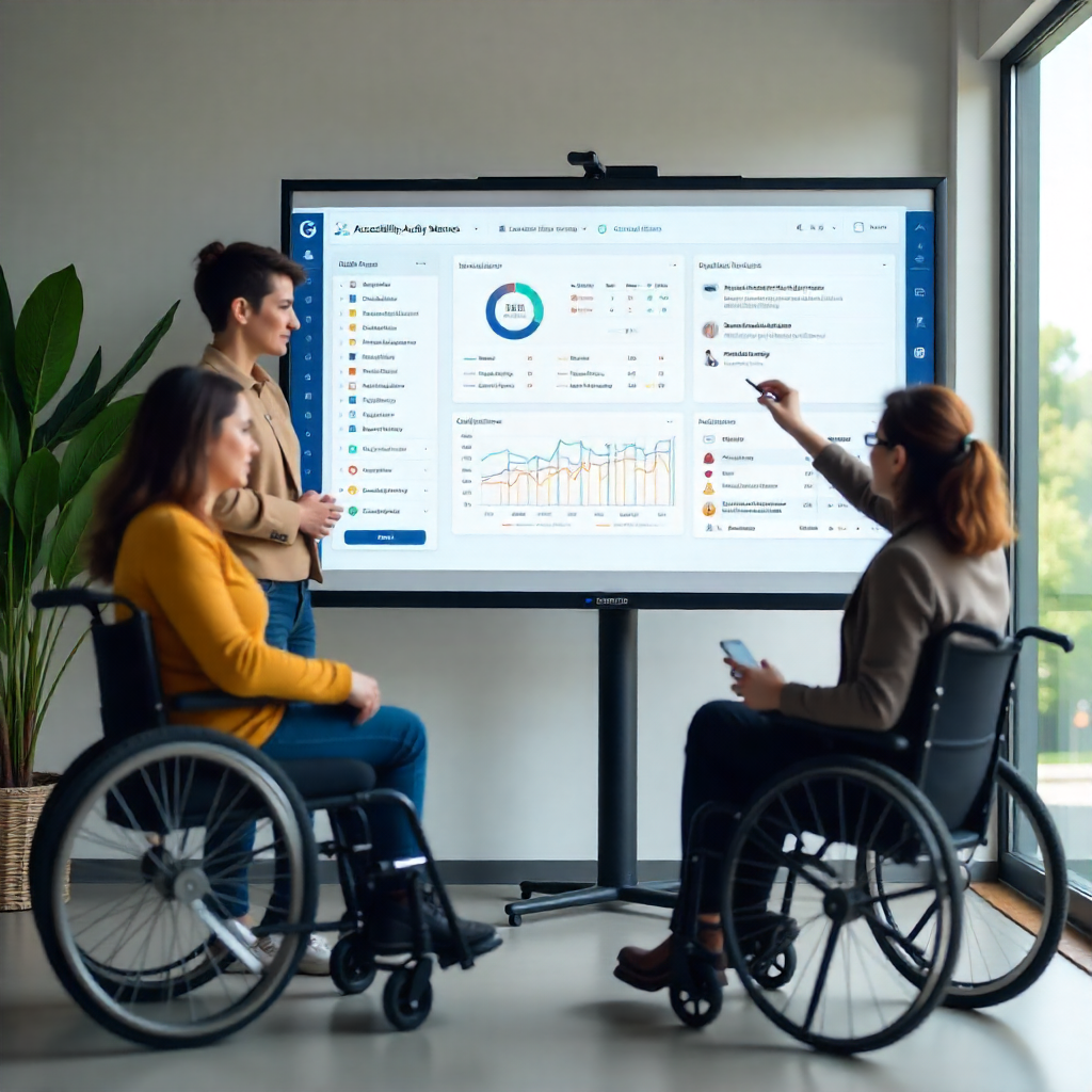 Team reviewing an Accessibility Audit Report on a large screen, including professionals in wheelchairs, promoting inclusive digital compliance.