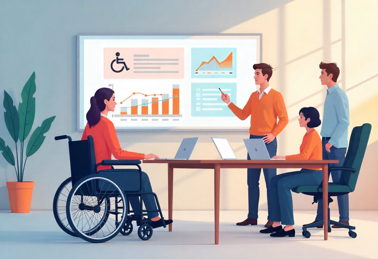 Three professionals—one in a wheelchair—collaborate in a modern meeting room, reviewing charts, accessibility icons, and compliance checklists on a large screen. The scene highlights Accessibility Consultants Nunavut at work, guiding a diverse team in digital accessibility solutions.