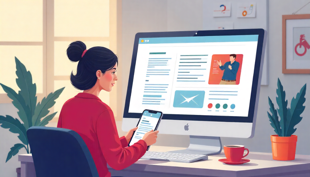 A woman working at a desk on a computer and smartphone, reviewing digital content designed with AODA compliant fonts for accessibility.