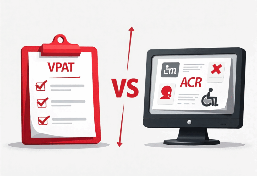 VPAT vs ACR illustration showing a red checklist clipboard labeled VPAT on the left and a computer monitor with accessibility icons labeled ACR on the right.