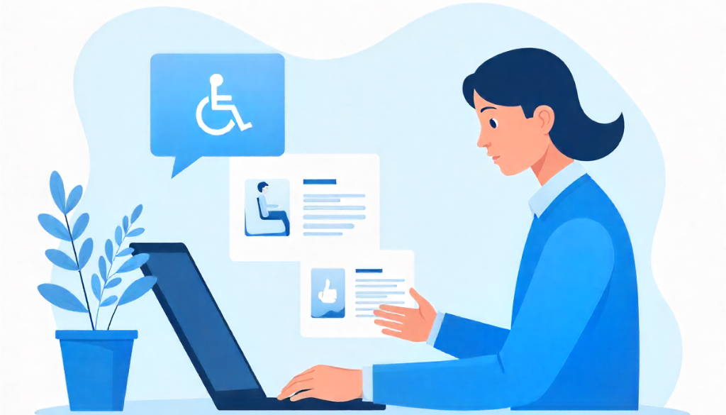 Illustration of a person working on a laptop reviewing accessibility features, representing AODA compliance for documents.