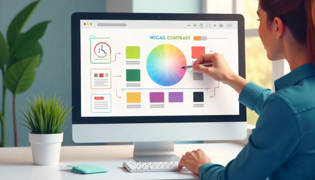 Designer working on computer adjusting colour contrast for web accessibility, WCAG compliance, color wheel, modern workspace.