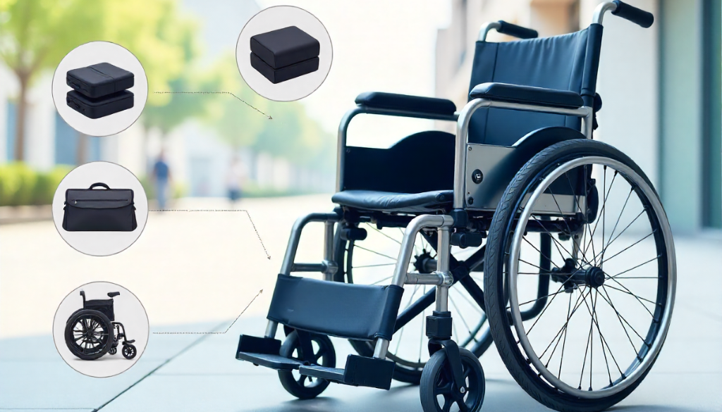 A modern wheelchair with highlighted accessories like cushions, storage bag, and foldable frame, showing essential wheelchair accessories for accessibility.