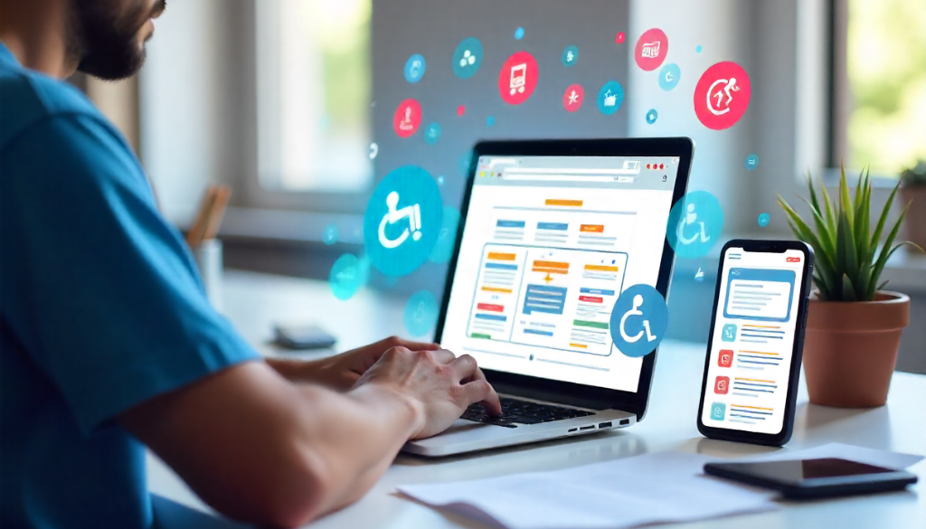 A person working on a laptop and smartphone with accessibility icons and responsive web design elements, checking responsive web design accessibility.
