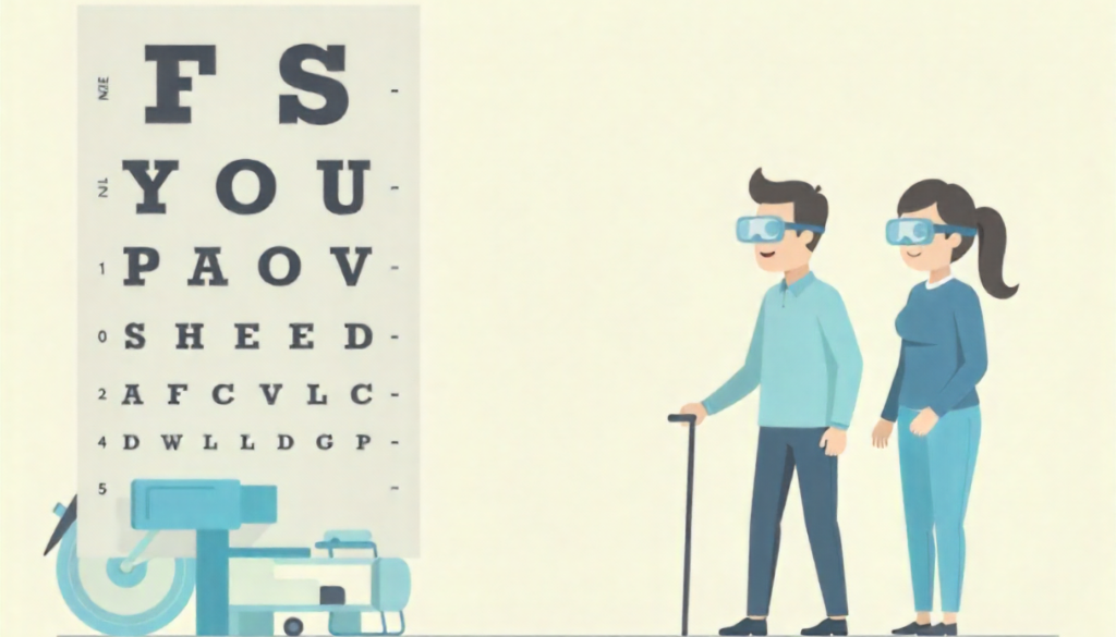 Vector illustration of a man and woman using assistive vision tools, standing next to an eye chart, representing the concept of being legally blind.