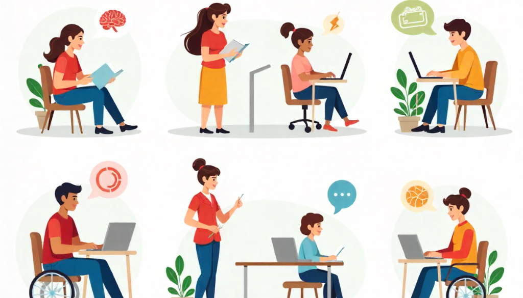 Illustration showing diverse people learning in different ways, representing types of learning disabilities.