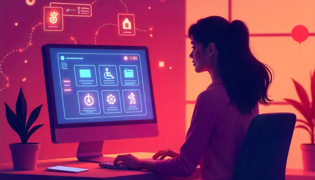 A woman working on a computer displaying accessible website interfaces, representing modern accessible websites examples with inclusive design elements and usability features.